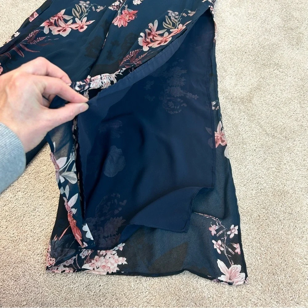ZARA navy blue pink floral flower chiffon wide leg slit hem pants Sz M - Picture 7 of 14